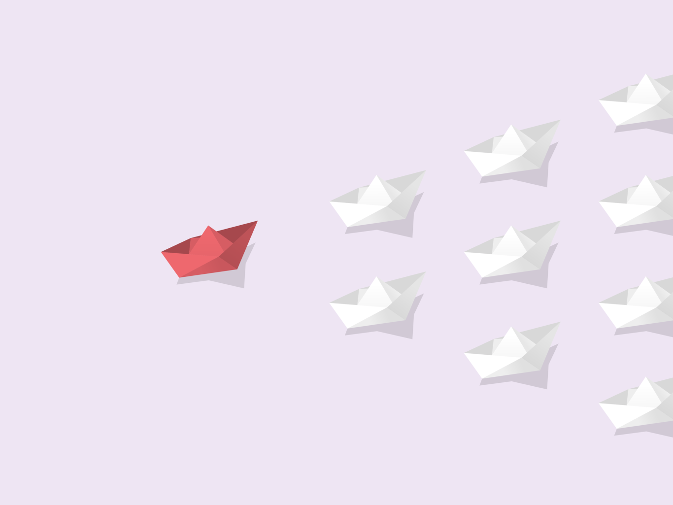 A collection of paper boats in a pattern with a single red one at the front showing navigation.